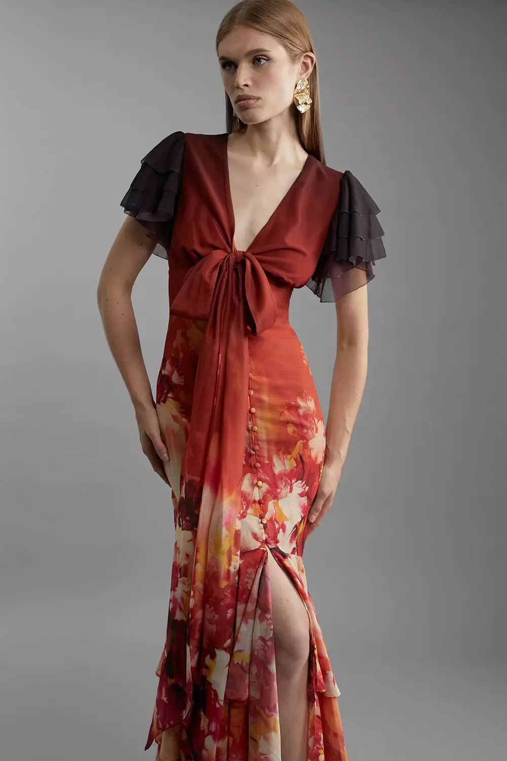 Ombre Floral Ruffle Sleeve Button Through Maxi Dress Karen Millen